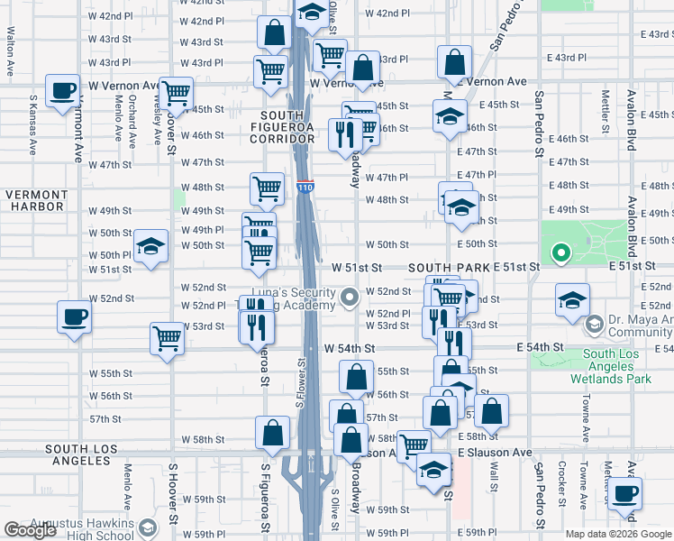 map of restaurants, bars, coffee shops, grocery stores, and more near 331 West 52nd Street in Los Angeles