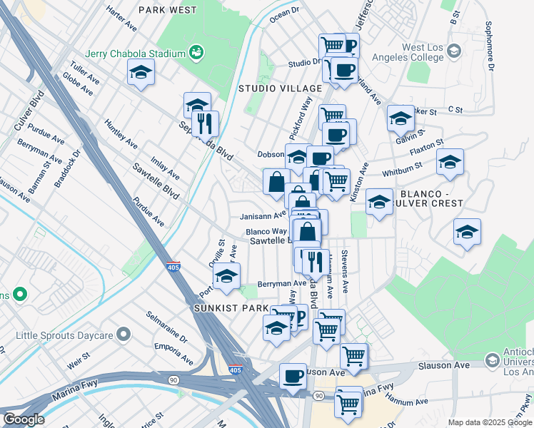 map of restaurants, bars, coffee shops, grocery stores, and more near 5412 Janisann Avenue in Culver City