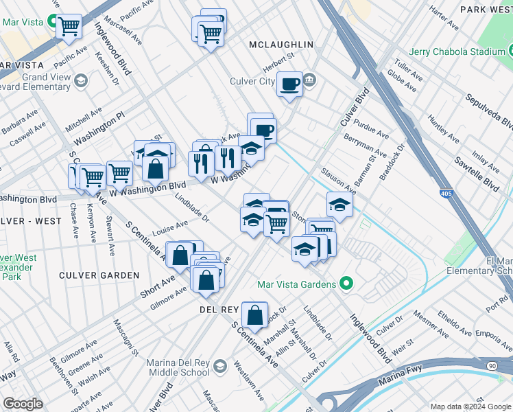map of restaurants, bars, coffee shops, grocery stores, and more near 4424 Inglewood Boulevard in Los Angeles