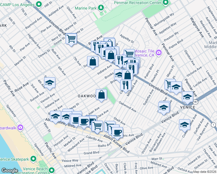 map of restaurants, bars, coffee shops, grocery stores, and more near 1024 Oakwood Avenue in Los Angeles