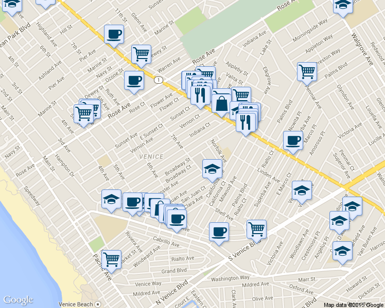 map of restaurants, bars, coffee shops, grocery stores, and more near in Los Angeles