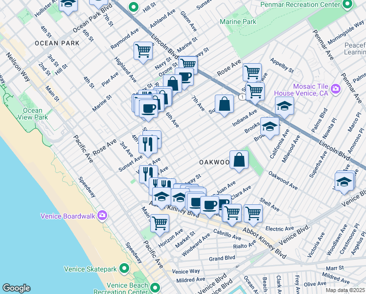 map of restaurants, bars, coffee shops, grocery stores, and more near 547 Indiana Avenue in Los Angeles