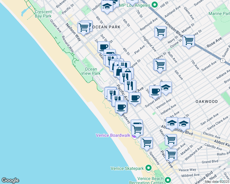 map of restaurants, bars, coffee shops, grocery stores, and more near 22 Navy Court in Los Angeles