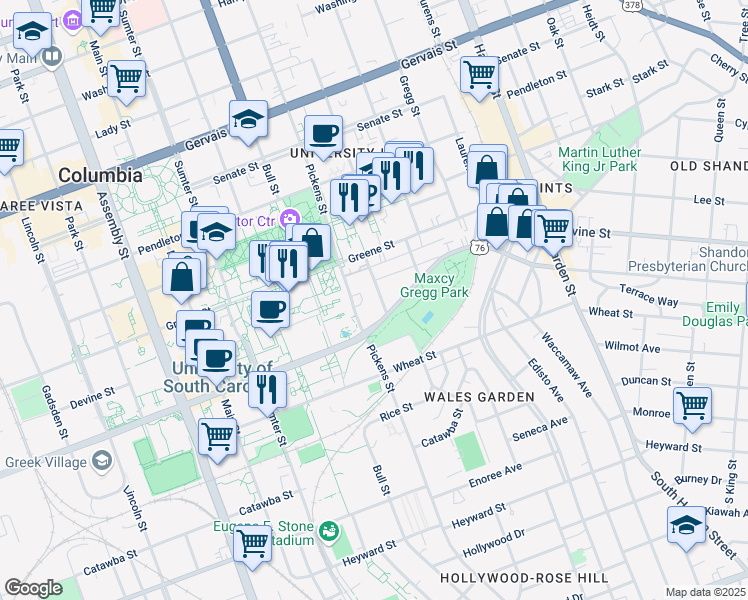 map of restaurants, bars, coffee shops, grocery stores, and more near 616 Pickens Street in Columbia