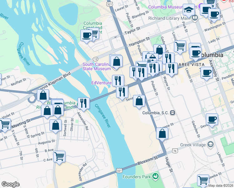 map of restaurants, bars, coffee shops, grocery stores, and more near 1105 Gist Street in Columbia