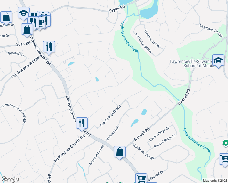 map of restaurants, bars, coffee shops, grocery stores, and more near 1772 Penny Lane Northwest in Lawrenceville