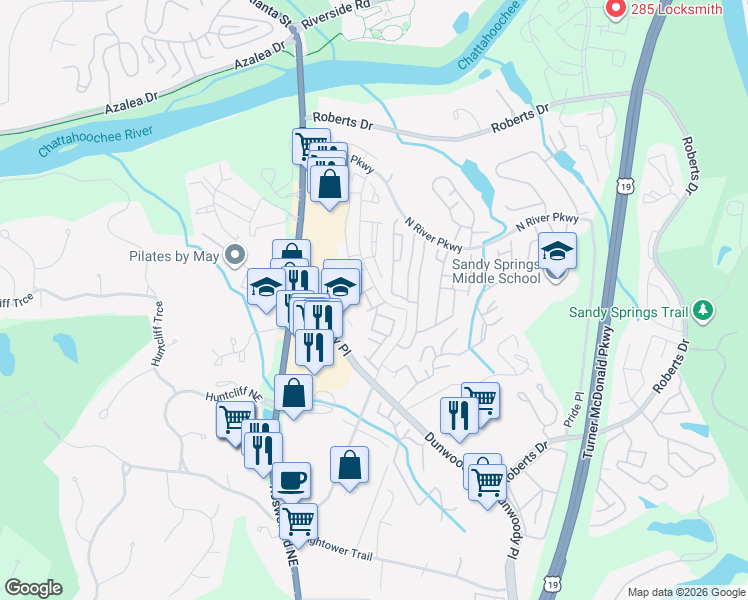 map of restaurants, bars, coffee shops, grocery stores, and more near 215 Winding River Drive in Sandy Springs