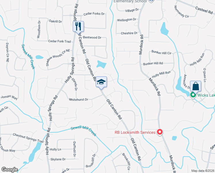 map of restaurants, bars, coffee shops, grocery stores, and more near 1873 Regents Park Lane Northeast in Marietta