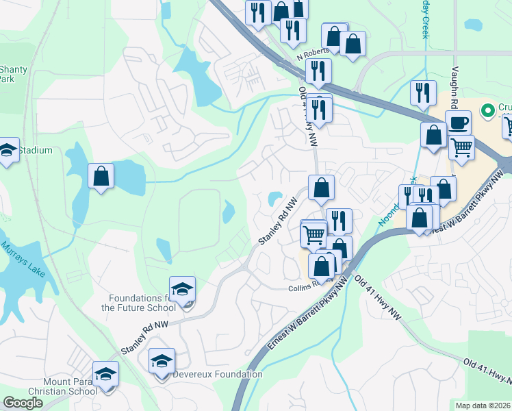 map of restaurants, bars, coffee shops, grocery stores, and more near 1899 Stancrest Trace Northwest in Kennesaw