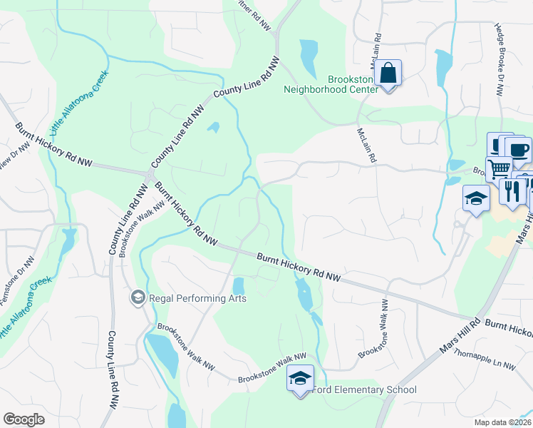 map of restaurants, bars, coffee shops, grocery stores, and more near 5653 Brookstone Drive Northwest in Acworth