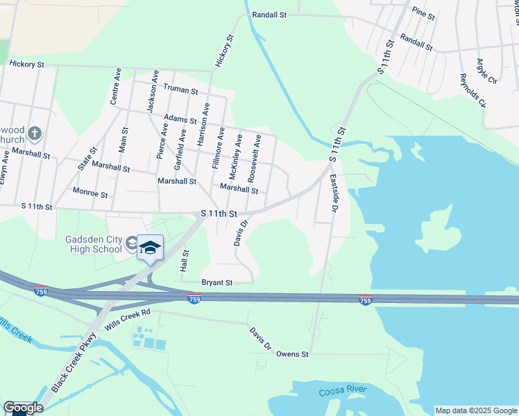 map of restaurants, bars, coffee shops, grocery stores, and more near 1504 South 11th Street in Gadsden