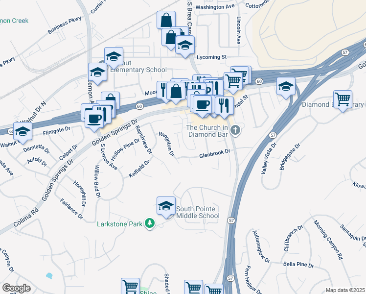 map of restaurants, bars, coffee shops, grocery stores, and more near 1180 Loxley Place in Walnut