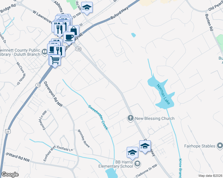 map of restaurants, bars, coffee shops, grocery stores, and more near 3299 Duluth Highway 120 in Duluth