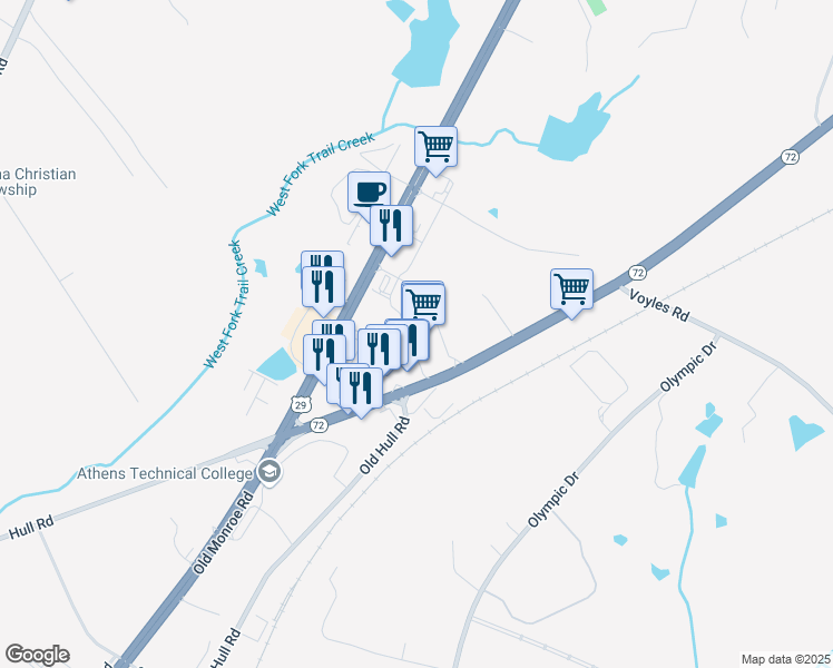 map of restaurants, bars, coffee shops, grocery stores, and more near 700 U.S. 29 in Athens