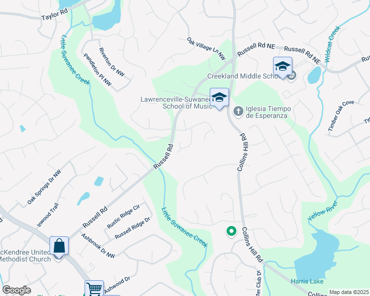map of restaurants, bars, coffee shops, grocery stores, and more near Chase Ridge Lane in Lawrenceville