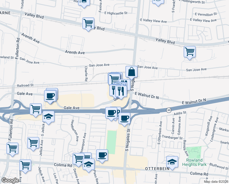 map of restaurants, bars, coffee shops, grocery stores, and more near 1015 South Nogales Street in Rowland Heights