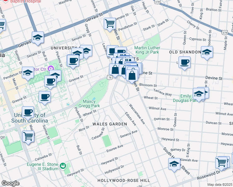 map of restaurants, bars, coffee shops, grocery stores, and more near 611 Waccamaw Avenue in Columbia