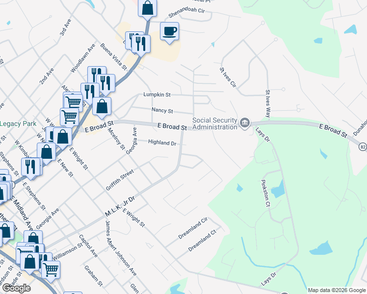 map of restaurants, bars, coffee shops, grocery stores, and more near 223 Highland Drive in Winder