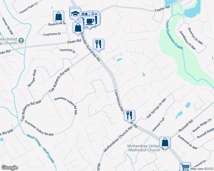 map of restaurants, bars, coffee shops, grocery stores, and more near 1893 Suwanee Terrace Northwest in Lawrenceville