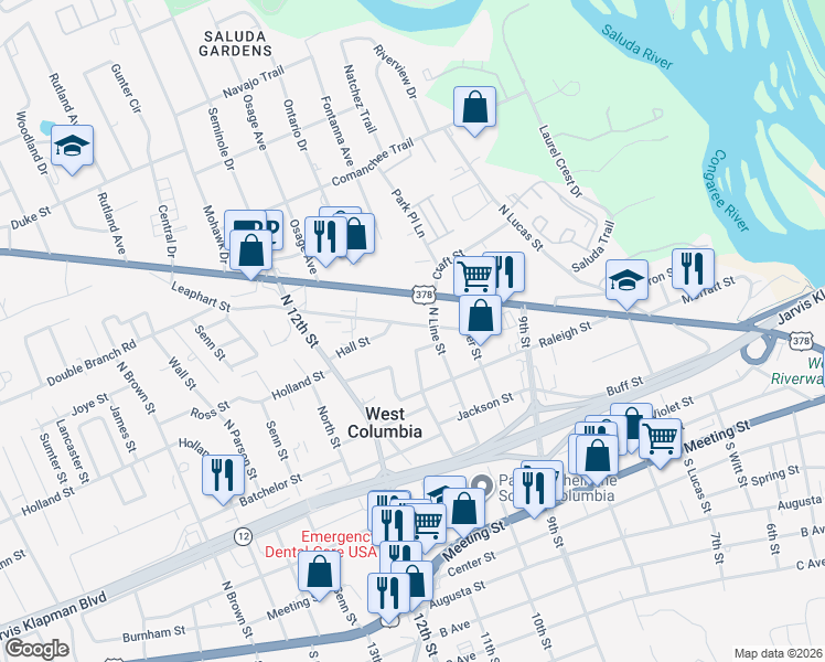 map of restaurants, bars, coffee shops, grocery stores, and more near 950 Hoover Street in West Columbia