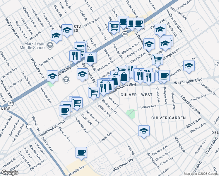 map of restaurants, bars, coffee shops, grocery stores, and more near 12813 West Washington Boulevard in Los Angeles