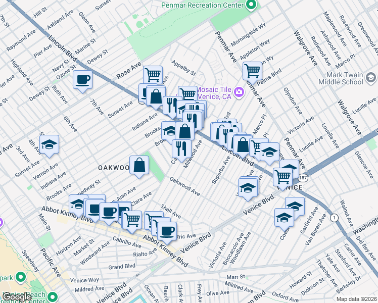map of restaurants, bars, coffee shops, grocery stores, and more near 902 Milwood Avenue in Los Angeles