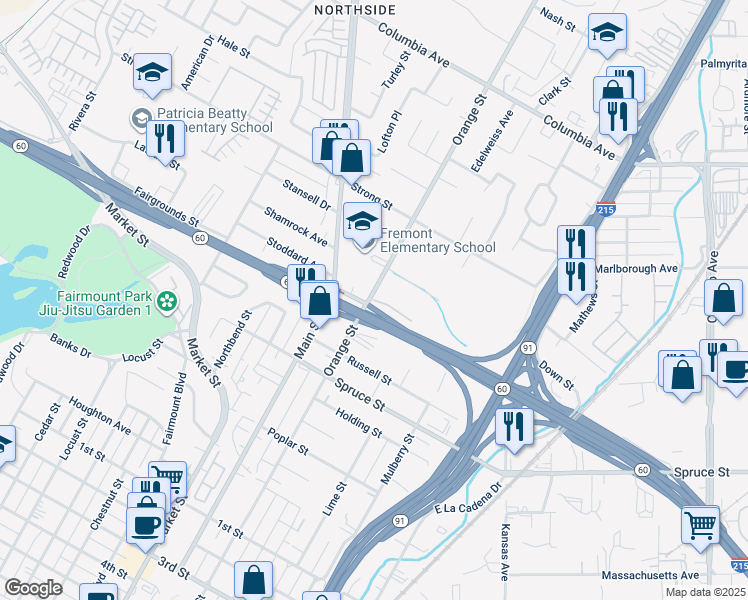 map of restaurants, bars, coffee shops, grocery stores, and more near 3411 Vista Avenue in Riverside