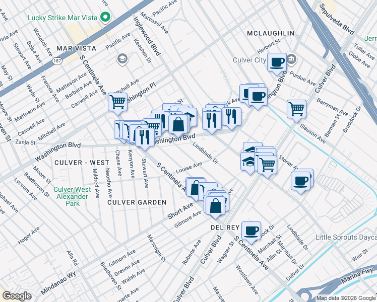 map of restaurants, bars, coffee shops, grocery stores, and more near 4278 Grand View Boulevard in Los Angeles
