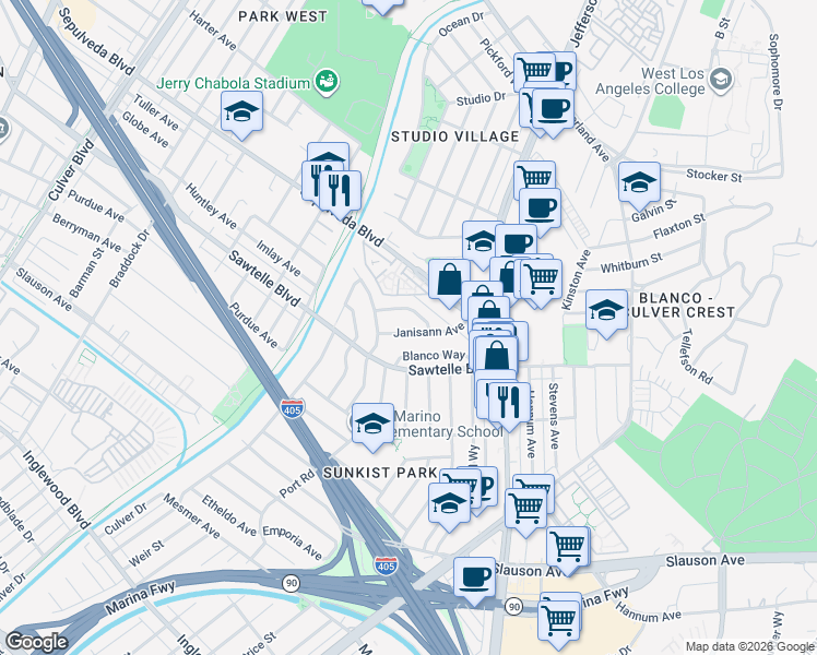 map of restaurants, bars, coffee shops, grocery stores, and more near 5343 Janisann Avenue in Culver City