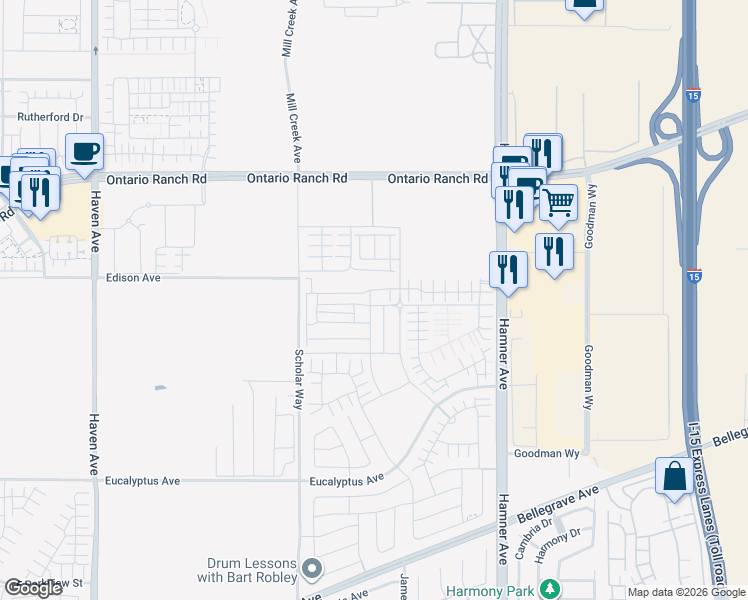 map of restaurants, bars, coffee shops, grocery stores, and more near 4235 East Rincon Street in Ontario