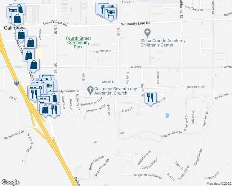 map of restaurants, bars, coffee shops, grocery stores, and more near 1156 3rd Street in Calimesa