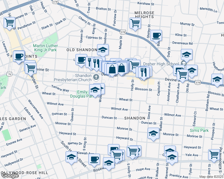 map of restaurants, bars, coffee shops, grocery stores, and more near 2729 Wheat Street in Columbia