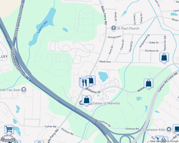 map of restaurants, bars, coffee shops, grocery stores, and more near 1892 Lakestone Way in Marietta