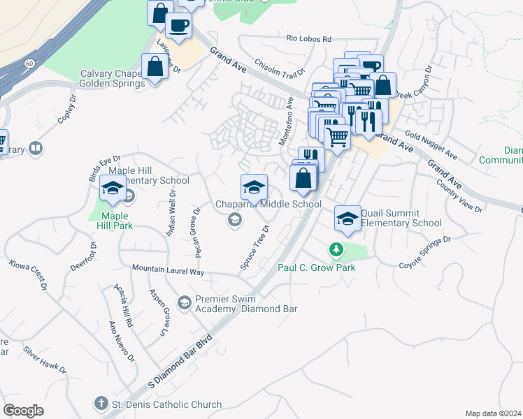 map of restaurants, bars, coffee shops, grocery stores, and more near 1416 Spruce Tree Drive in Diamond Bar