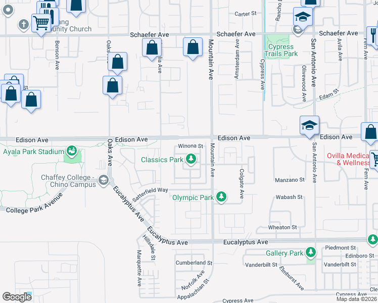 map of restaurants, bars, coffee shops, grocery stores, and more near 6212 Athena Street in Chino