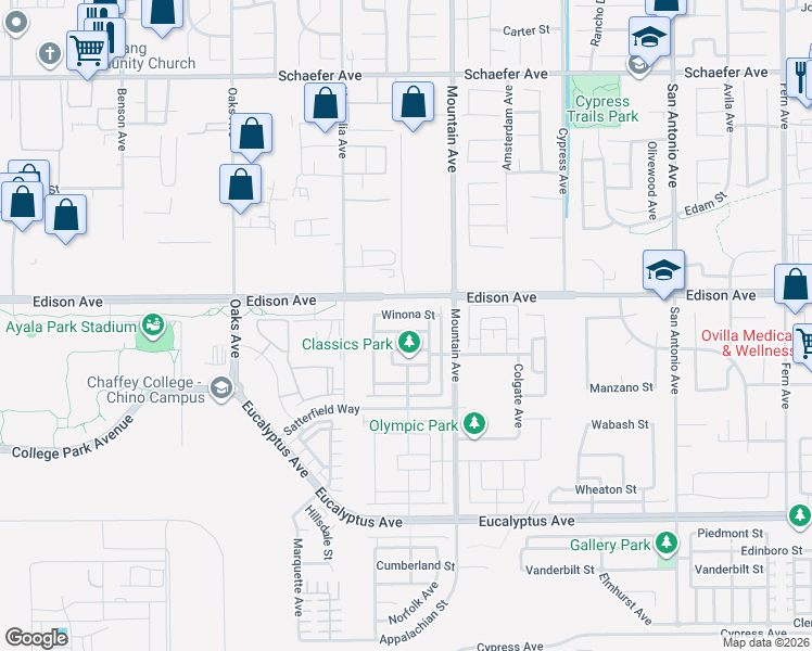map of restaurants, bars, coffee shops, grocery stores, and more near 6212 Athena Street in Chino