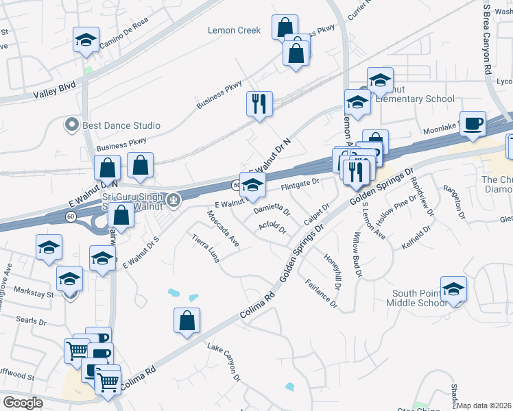 map of restaurants, bars, coffee shops, grocery stores, and more near 20239 Damietta Drive in Walnut