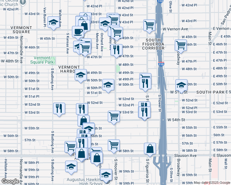 map of restaurants, bars, coffee shops, grocery stores, and more near S Hoover St & W 51st St in Los Angeles