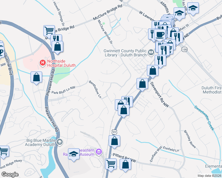 map of restaurants, bars, coffee shops, grocery stores, and more near 3407 Willgrove Court in Duluth