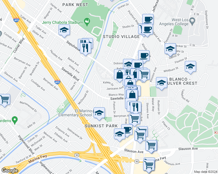 map of restaurants, bars, coffee shops, grocery stores, and more near 5343 Janisann Avenue in Culver City