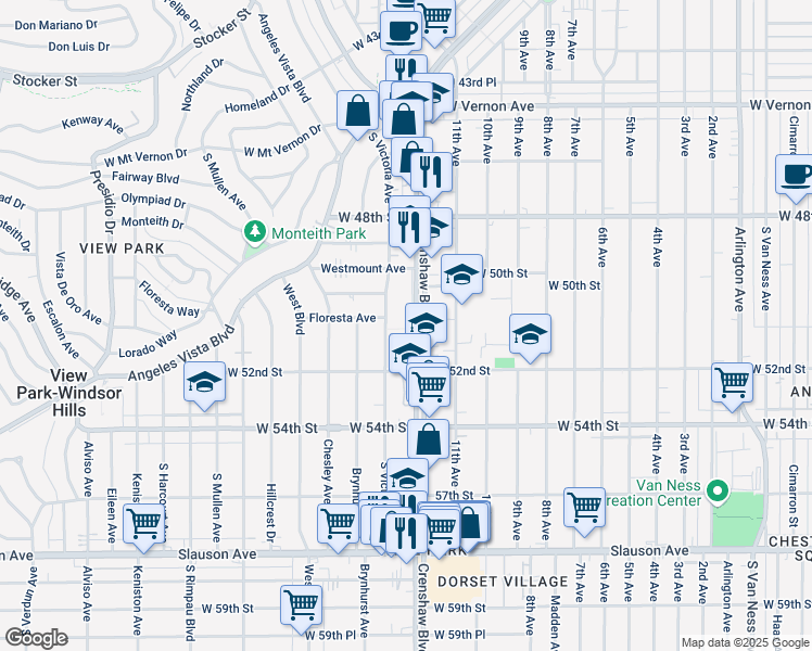map of restaurants, bars, coffee shops, grocery stores, and more near 5107 Crenshaw Boulevard in Los Angeles
