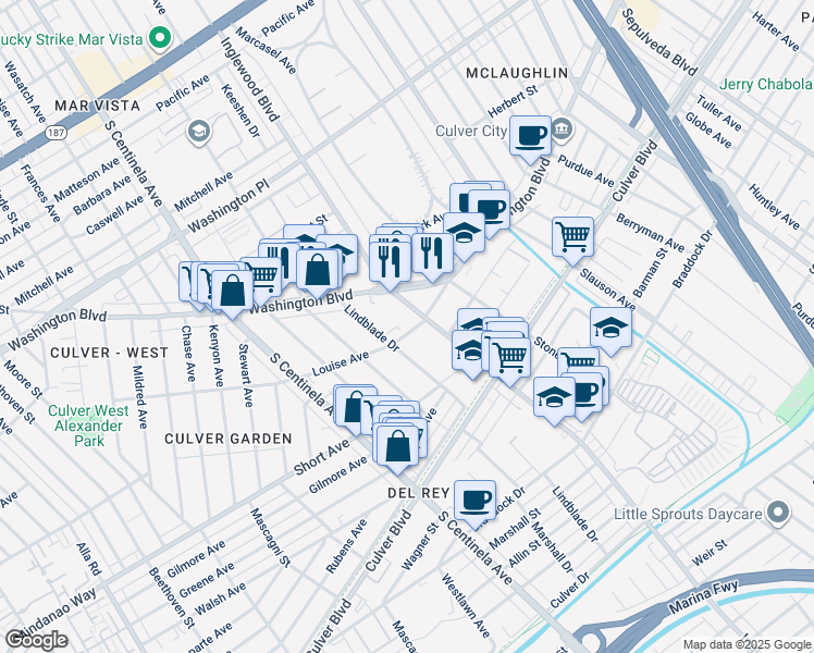 map of restaurants, bars, coffee shops, grocery stores, and more near 12021 Louise Avenue in Los Angeles