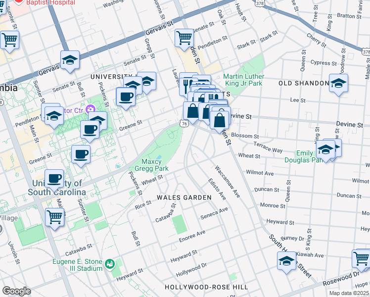 map of restaurants, bars, coffee shops, grocery stores, and more near 537 Saluda Avenue in Columbia