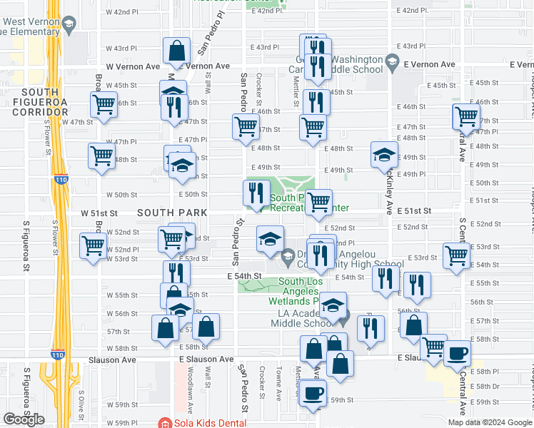 map of restaurants, bars, coffee shops, grocery stores, and more near 352 1/4 East 51st Street in Los Angeles