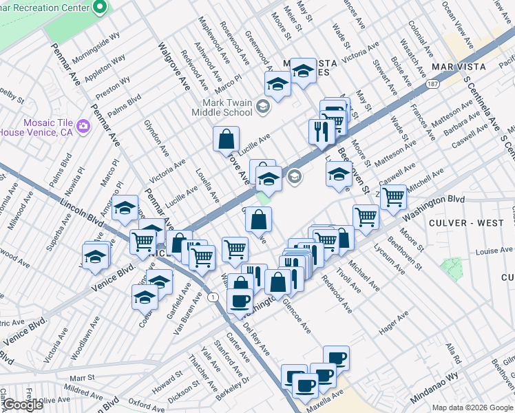 map of restaurants, bars, coffee shops, grocery stores, and more near 2445 Walgrove Avenue in Los Angeles
