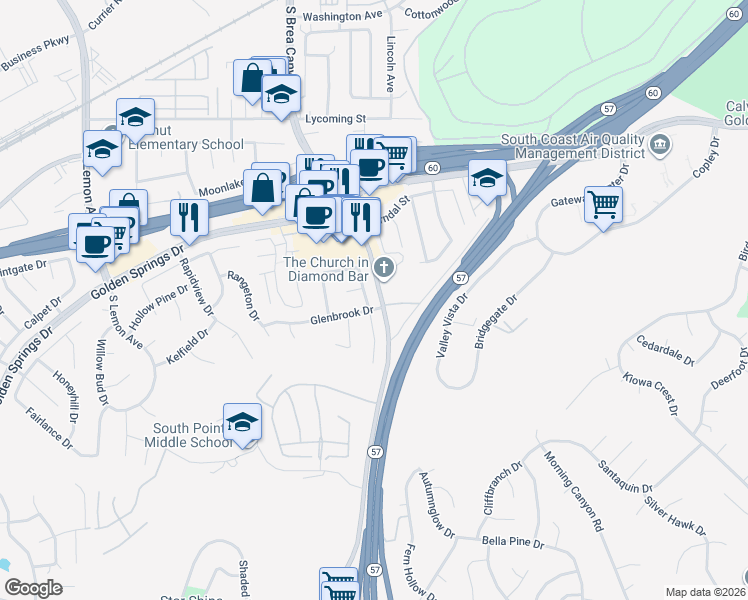 map of restaurants, bars, coffee shops, grocery stores, and more near 1300 Glenthorpe Drive in Walnut