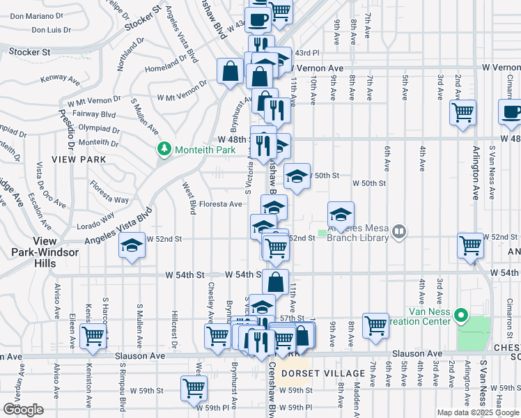 map of restaurants, bars, coffee shops, grocery stores, and more near 5107 Crenshaw Boulevard in Los Angeles