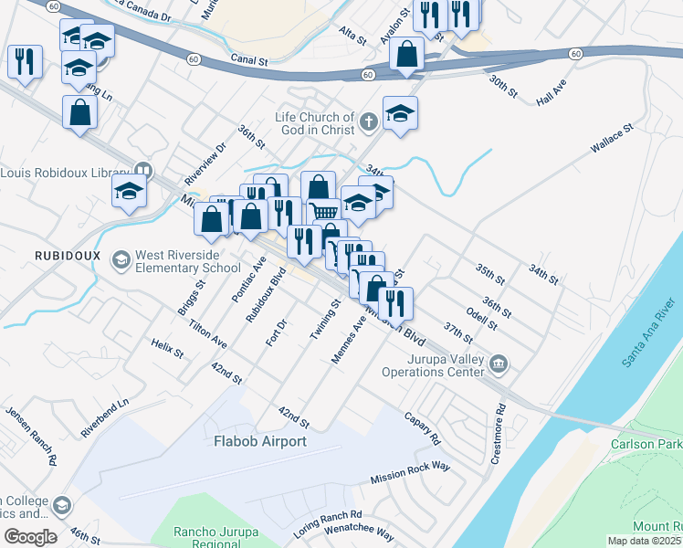 map of restaurants, bars, coffee shops, grocery stores, and more near 5543 Mission Boulevard in Riverside