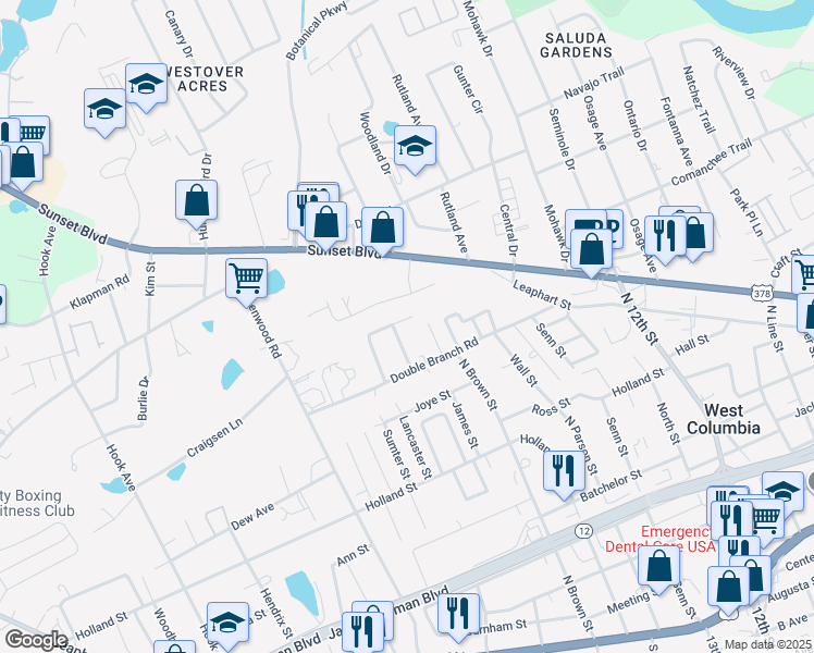 map of restaurants, bars, coffee shops, grocery stores, and more near in West Columbia