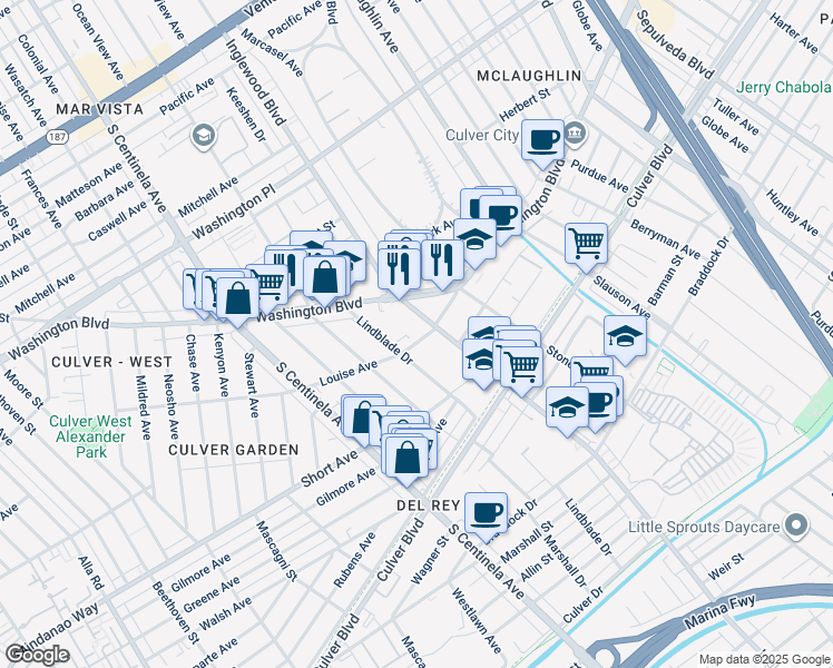 map of restaurants, bars, coffee shops, grocery stores, and more near 12021 Louise Avenue in Los Angeles